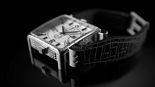 3D 渲染经典模拟男士银色手表，位于黑色背景的立方体顶部，带有一丝奢华