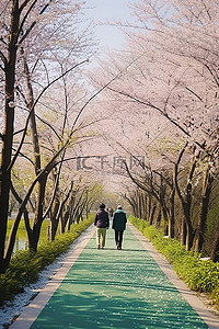 首尔南部，妇女们沿着一条种满樱花树的阳光明媚的小路行走