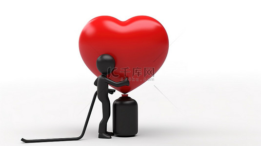 情侣爱心气球背景图片_在白色背景渲染图像上使用黑色手动气泵通过 3D 图形进行红心气球充气
