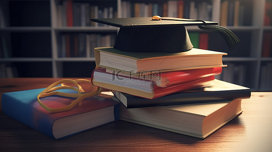 大学毕业背景图片_令人惊叹的 3d 渲染中的毕业帽和书籍