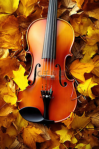 小提琴背景图片_秋天的树叶中的小提琴