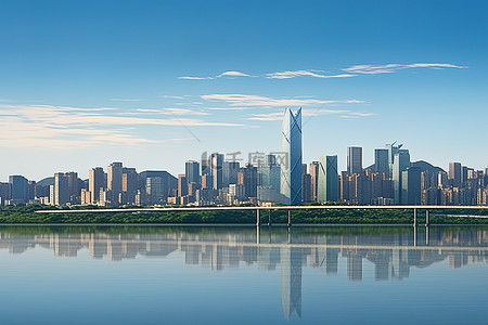 立交背景图片_城市的天际线有摩天大楼和横跨水面的桥梁