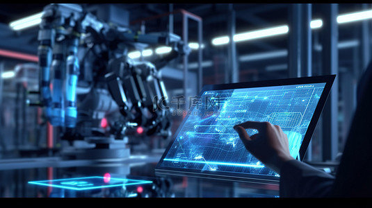 细节决定质量背景图片_自动化工厂中的机器人未来派 3D 渲染