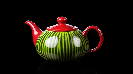 3D 渲染一个孤立的绿色茶壶的图像，带有黑色和红色的口音，适合您的下午茶时间