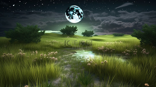 迷人的夜景 3D 渲染幻想景观与满月星星和茂盛的草地