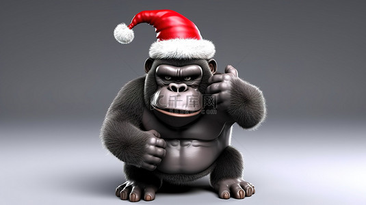 欢快的 3D 大猩猩戴着圣诞帽，竖起大拇指