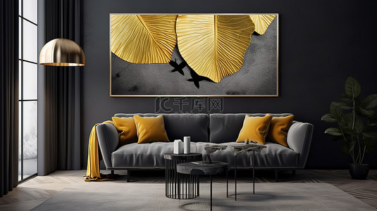 当代帆布艺术 3D 羽毛和银杏叶设计与金黑山背景