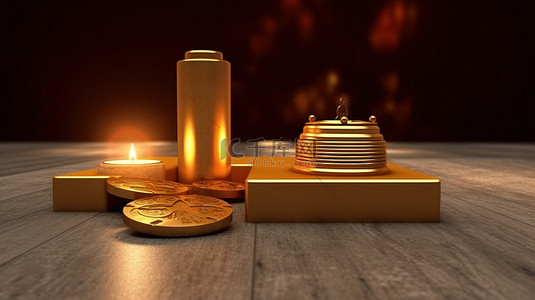 中国金币元宝灯笼和讲台的 3D 渲染