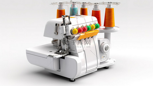 空白背景缝纫包缝机纺织制造 3D 概念图形的基本装备