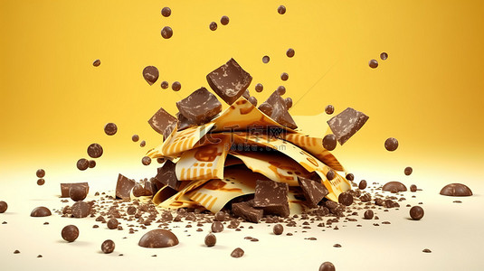 一堆巧克力碎片的 3D 插图，其中有零食包装袋中溢出的薯片