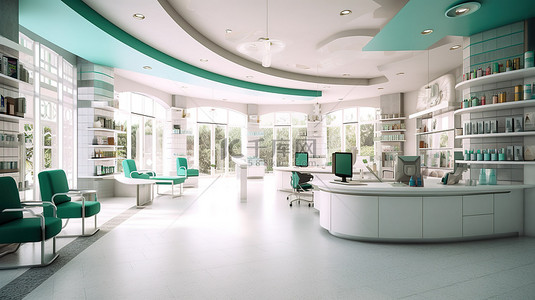 医院登记处和药房入院的 3D 渲染