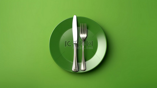 绿色背景 3d 渲染上带银器的干净盘子