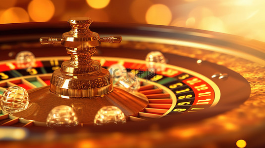 桌牌背景图片_轮盘赌轮的 3D 渲染关闭与金色背景上的散景效果