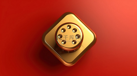 牌匾背景图片_红色哑光金色牌匾上的单个骰子图标闪亮的金色骰子 3D 渲染的社交媒体符号