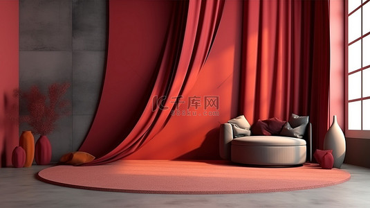 现代孟菲斯风格的房间，有充满活力的红墙和光滑的灰色窗帘，3D 渲染