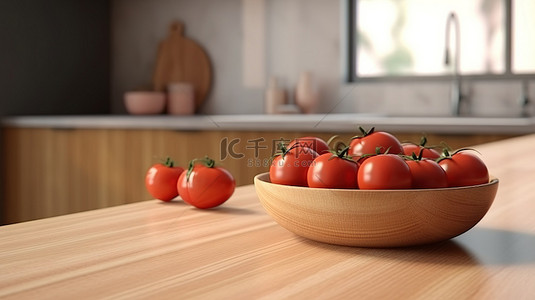 3D 渲染中木质台面的厨房展示，配有番茄和木碗