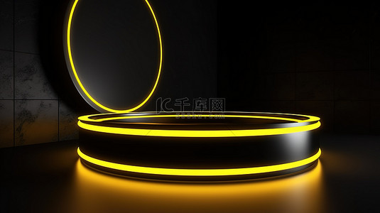 黑色背景图片_3D 渲染中充满活力的黄色霓虹灯增强了黑色产品展台的效果