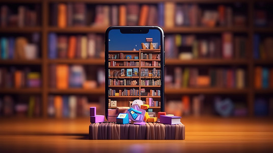 智能手机网上购物书店货架的 3D 插图
