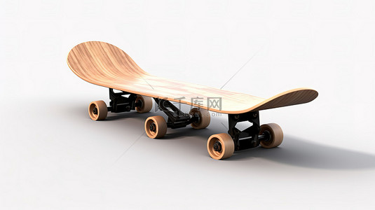 滑板公园背景图片_白色背景上的当代滑板，带有 3d 创建的木制半管坡道