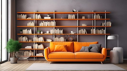 现代客厅的 3D 渲染，配有橙色沙发和书柜