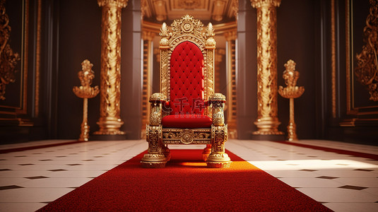 豪华的红色宝座与 3d 渲染伴随着富丽堂皇的红地毯，适合国王贵宾概念