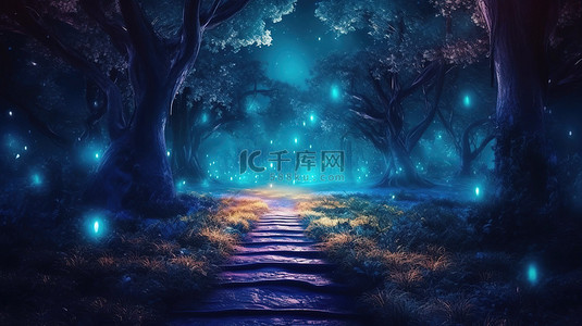 森林背景图片_夜间魔法森林一条神秘的蓝色路径，由未知来源 3D 数字插图照亮