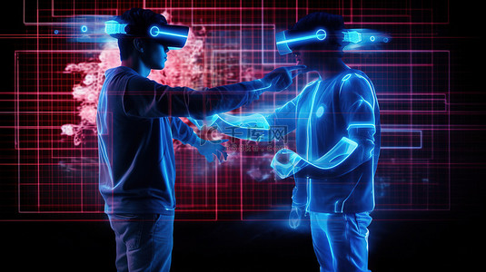 虚拟现实使男人能够在元宇宙世界 3D 渲染中导航全息菜单