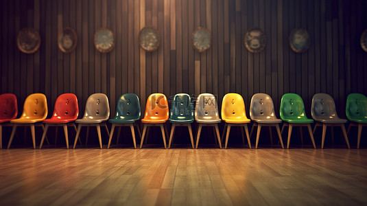 一排座位，独特的座位象征着职业前景企业领导力和招聘 3D 渲染图像