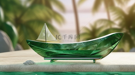 带有白色标签的绿色玻璃船栖息在岩石上，与抽象线性背景和棕榈树阴影 3D 渲染