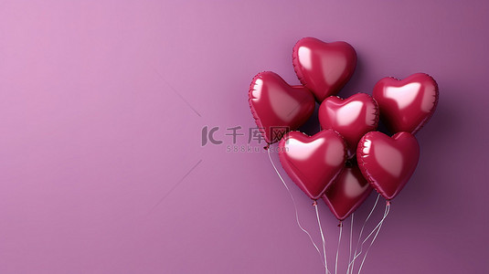气球布置背景图片_在充满活力的紫色墙壁背景 3D 插图横幅上布置红色心形气球