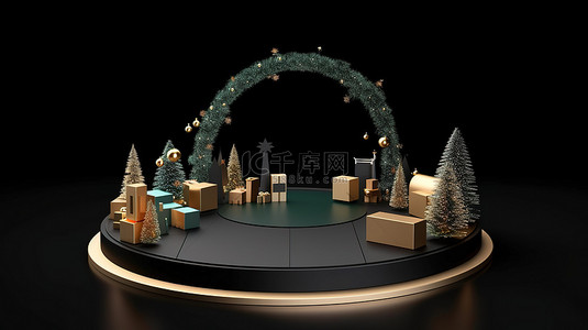 黑色背景与 3D 讲台和圣诞节主题圆形框架
