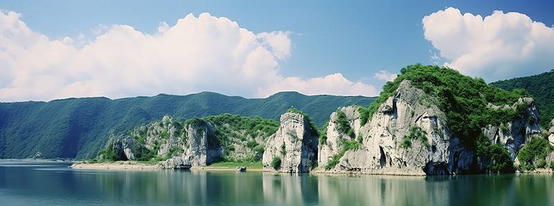 平静的湖面背景图片_平静的湖面，远处是绿色的风景