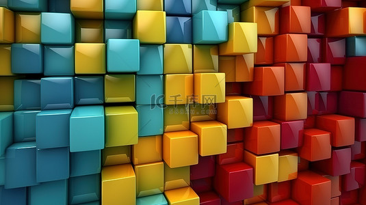 充满活力的方形瓷砖墙的 3D 渲染