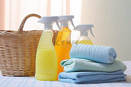 家政公司图背景图片_毛巾和洗涤剂坐在一篮子附近