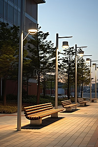 灯杆道旗元素背景图片_一组木凳和带长凳的灯杆