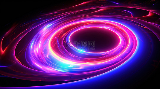 带有星空空间的辐射螺旋的 3D 插图，具有独特的抽象霓虹灯背景