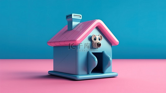 卡通小狗背景图片_具有双色调效果的蓝色卡通狗屋模型的粉红色背景 3D 渲染
