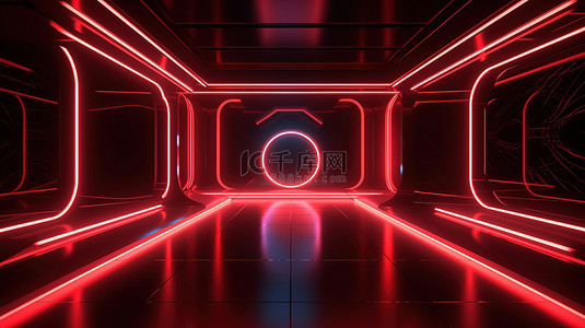紅色抽象背景图片_未来技术霓虹灯红色发光抽象背景 3d 渲染