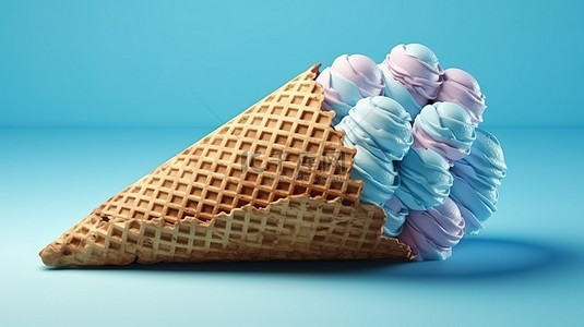 华夫格风格背景图片_蓝色美味华夫冰淇淋的 3D 渲染