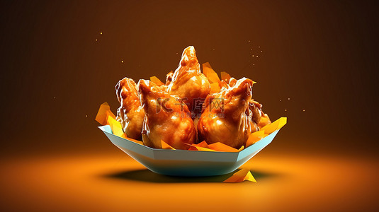 美味菜单设计背景图片_3d 渲染低聚炸鸡设计