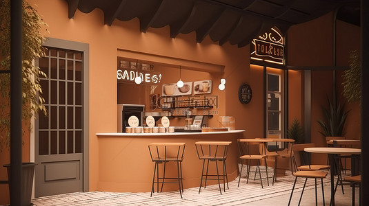 咖啡背景图片_3D 渲染图像中的棕色主题小咖啡店
