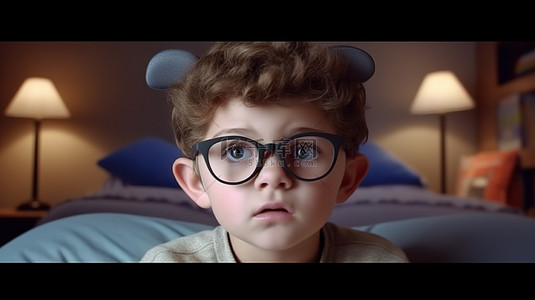 3D 电影院中戴眼镜的有趣孩子在欣赏表演时抓住耳朵