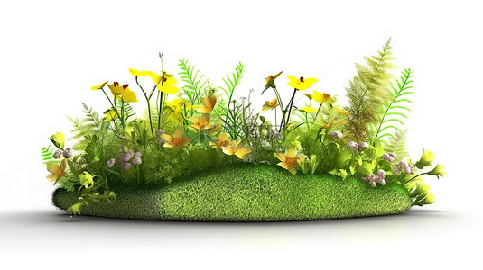 鲜花绿地背景图片_白色背景岛屿的 3D 渲染，绿草茂盛，鲜花盛开