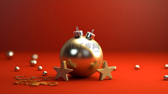 纸袋装饰背景图片_节日装饰金色和银色的球和红色背景 3d 渲染上的星星
