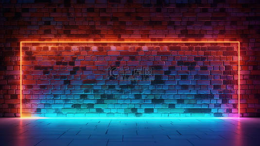 破损白墙面背景图片_霓虹灯概念砖墙背景的 3D 渲染