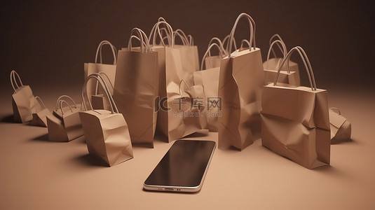 使用智能手机和多个纸袋进行 3D 购物