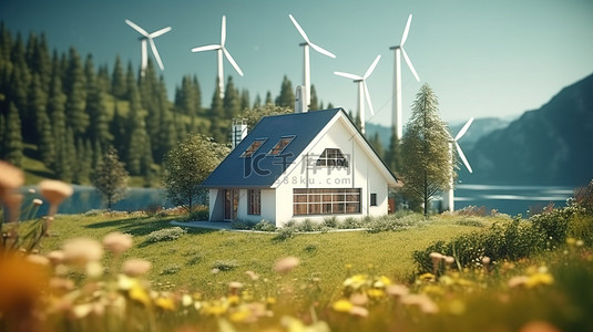 风车大自然背景图片_宁静地坐落在大自然的辉煌 3D 渲染中的家