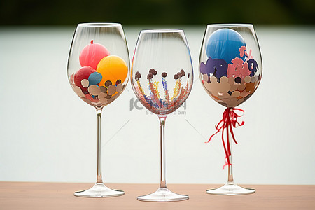三个酒杯，其中一个酒杯上有气球装饰