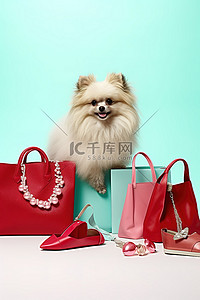 可爱的狗靠近鞋子珠宝和红色购物袋