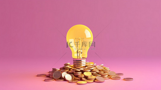 黄色金币背景背景图片_金币落入粉色背景下的黄色灯泡，象征着投资知识 3D 渲染的价值